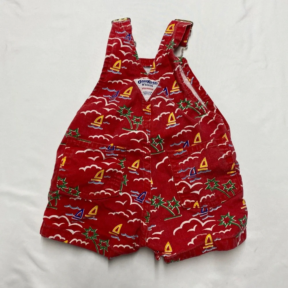 Vintage OshKosh Bgosh Red Nautical Sailboat Tropical Shortalls 12M Made in USA